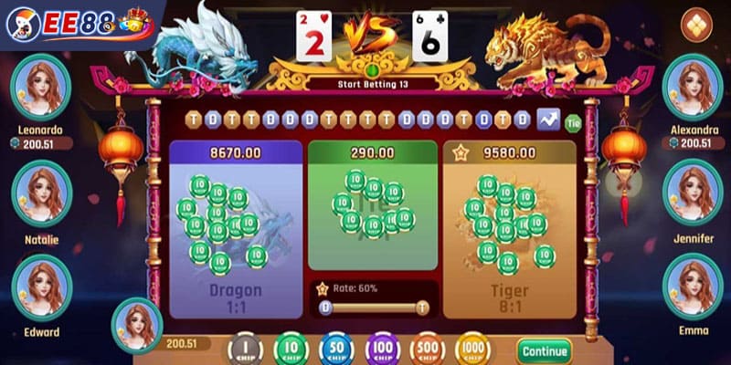Thao tác đặt cược rồng hổ EE88 cực nhanh